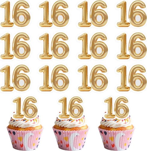 LcingTify 50 PCS Edible 16th Birthday Cupcake Toppers Gold Wafer Paper Sweet 16
