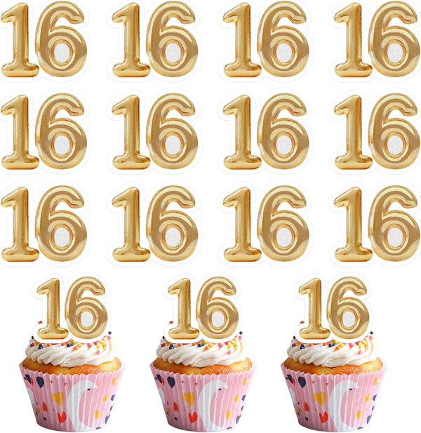LcingTify 50 PCS Edible 16th Birthday Cupcake Toppers Gold Wafer Paper Sweet 16