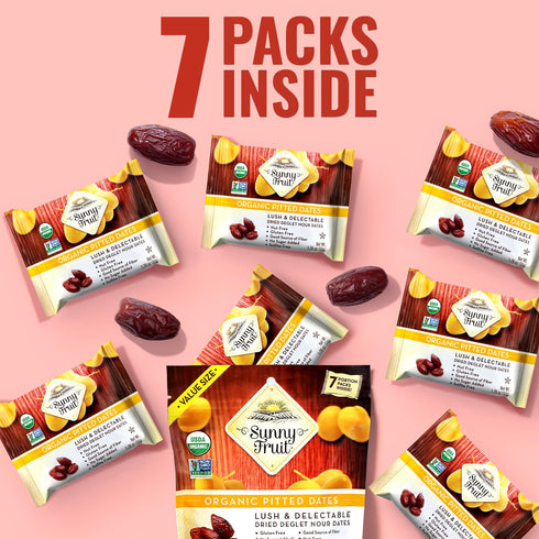 1 (7 Packs) Packs Sunny Fruit Organic Dried Pitted Deglet Nour Dates - Bag Individual Portion | No Preservatives, No