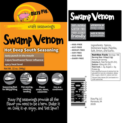120lbs Dizzy Pig Swamp Venom Hot Deep South Seasoning Rub (Quart Shaker) - Seasons Around of Food - Hand Made in the