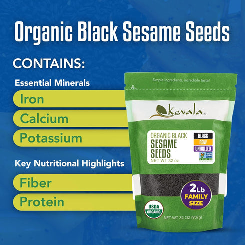 2 lb, 32 oz Kevala Organic Raw Black Sesame Seeds (Unhulled) - Great in Cooking and Baking for Many of Dishes