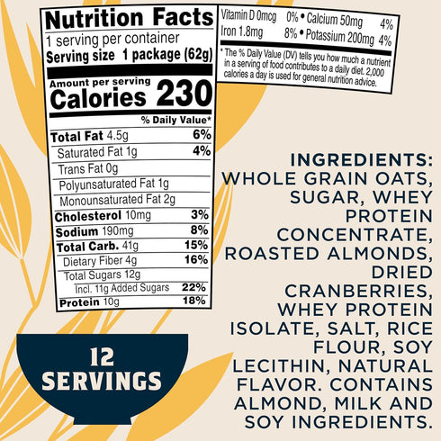 10g 2.18 (Pack 12) Quaker Protein Instant Oatmeal Express Cups, Cranberry Almond, Protein, Ounce