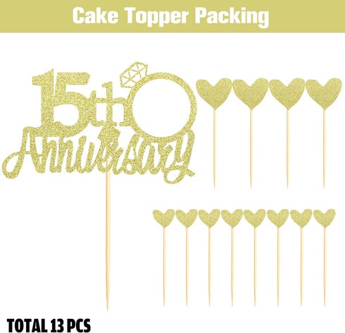 Sumerk 15th Anniversary Cake Topper, 13pcs Gold Glitter Cake Decorations with Small Heart for Celebration