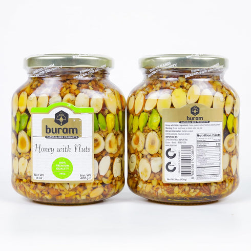 14 oz Buram Honey with Nuts - Healthy Protein Snacks - Peanuts, Walnuts, Pistachios, Hazelnuts - Resealable Jar - High