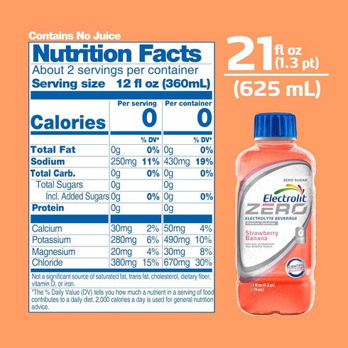 21 Oz (Pack 12) Electrolit Zero, Electrolyte Beverage, Strawberry-Banana, Fl bottle