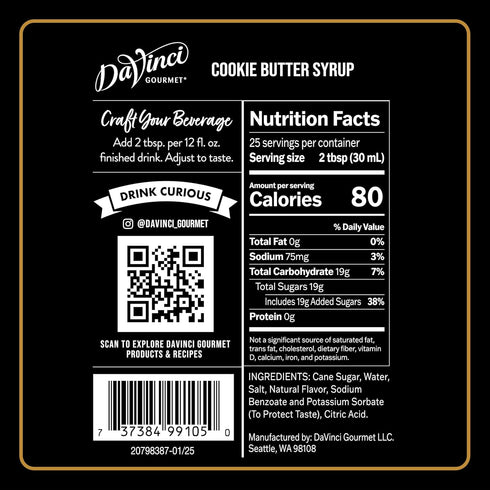 25.4 (Pack 1) DaVinci Gourmet Cookie Butter Syrup, Made with pure Cane Sugar, Dairy Friendly, Fluid Ounces