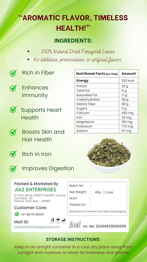 1.4oz (40g) Jiaz Enterprises Fenugreek Leaves, Kasuri Methi, Great for Cooking & Food Flavoring, Middle Eastern Cuisine