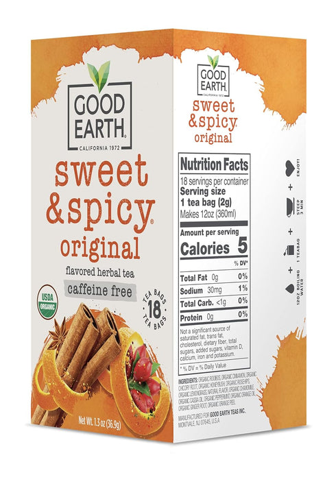 18 Organic Sweet & Spicy Herbal Caffeine Free Good Earth Teas Tea Bag