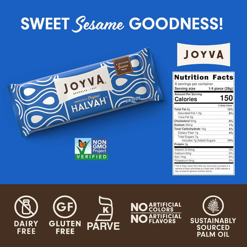 8oz Pack 2 Joyva Halvah Original, of | A Delicious Sesame Treat | Dairy Free, Gluten-Free & Kosher Parve | Handcrafted
