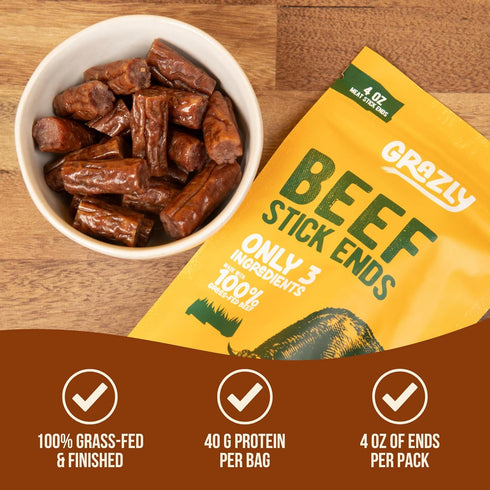 10g 4 oz Grazly Plain Beef Stick Ends Made With Only Grass-Fed Beef, Spring Salt & Collagen Casing Bite-Sized