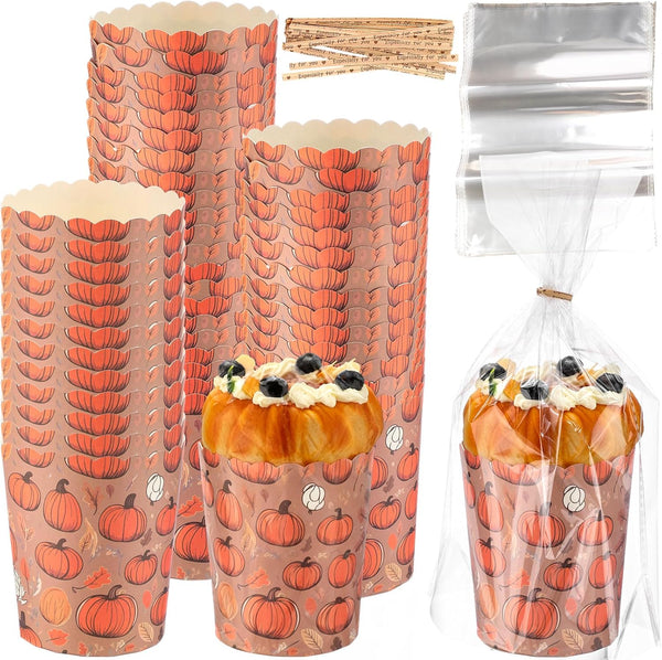Potchen 50 Sets 12oz Fall Panettone Paper Mold Sets Disposable Autumn Paper