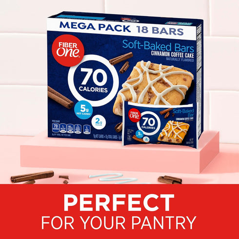 70 Pack, 18 16 oz Fiber One Calorie Soft Baked Bars, Cinnamon Coffee Cake, Mega Ct