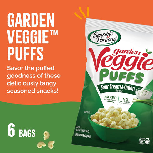 3.75 6-Pack Sensible Portions Veggie Puffs, Sour Cream & Onion Flavor, Gluten-Free Chips, Ounce Bag