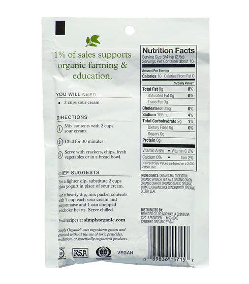 1.41 oz Pack 12 Simply Organic Spinach Dip Mix, Certified Organic, Gluten-Free | |