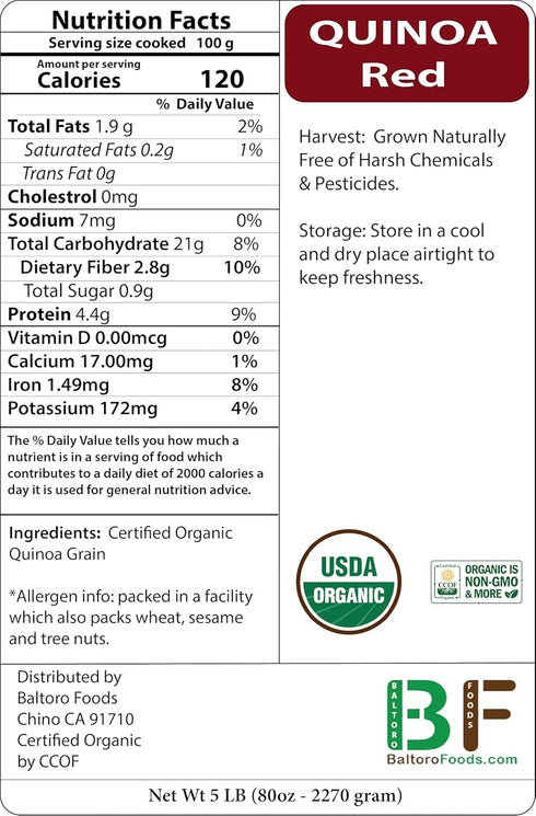5 LB) Organic Whole Grain Royal Quinoa Red no-GMO Gluten Free Bulk (Red