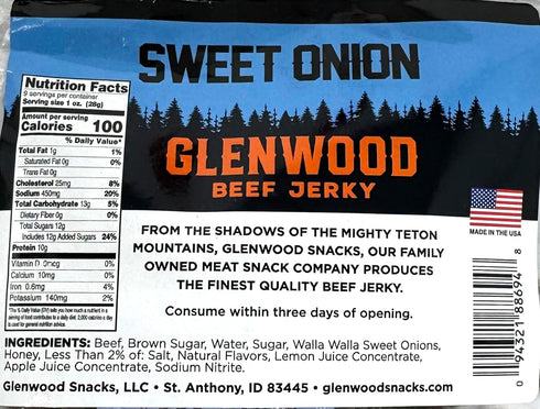Glenwood Snacks 9 Glenwood Beef Jerky Sweet Onion Meat Snack Ounce, Sweet Beef Jerky with Walla Walla Onion, Made