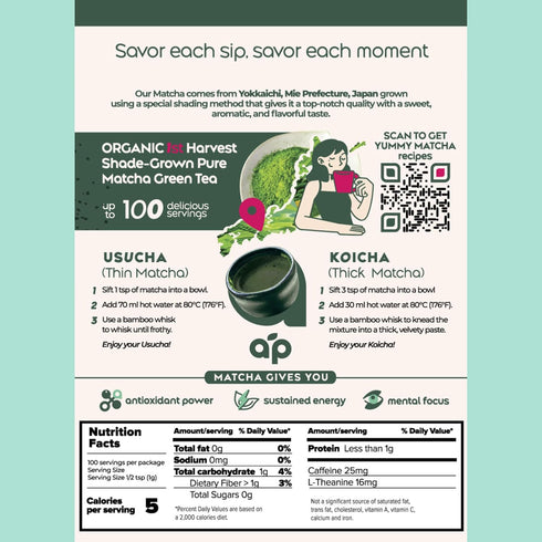 3.5 oz/100g AprikaLife Organic Matcha Powder, USDA & JAS Certified, No Sugar Added, Authentic Japanese Ceremonial Grade