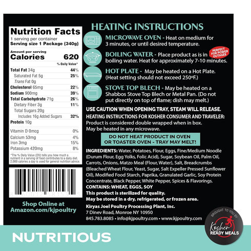 (1 Pack) KJ Poultry Kosher Parve Ready Meals - Kugel Medley MRE Meals Ready to Eat, Halal, Prepared Entree Fully