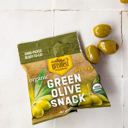 1.1 Oz (Pack 24) Organic Green Pitted Olive Snack by Natures Greatest Foods Ready to Eat, Freshly Seasoned, Low Calorie