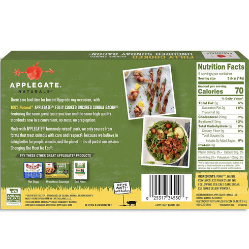 Applegate 10 2.52 Oz , Fully Cooked Uncured Sunday Bacon, Hickory Smoked, Ready to eat, Slices
