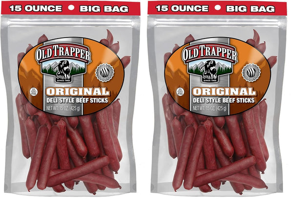 Old Trapper Original Deli-Style Beef Sticks,15-Ounce Package, Perfect for On-the-Go Snacking, Six