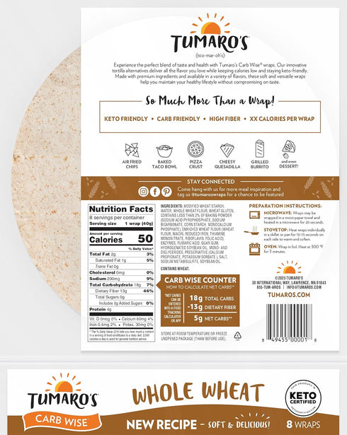 8 Count (Pack 3) Tumaro's Whole Wheat Carb Wise Wraps - Low Carb - Keto Friendly Sandwich & Burrito Tortillas - Healthy