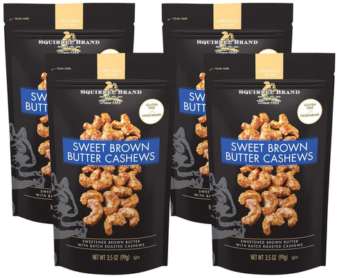 Squirrel Brand Sweet Brown Butter Cashews,3.5 Ounces Resealable Bag,Gluten Free,Vegetarian,(Pack of 4)