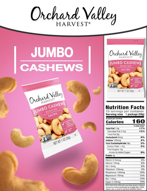 1 oz (Pack 15), Orchard Valley Harvest Jumbo Cashews, Bags of Whole Roasted Salted Cashews, Gluten Free, No Artificial
