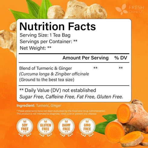 135 100% FreshDrinkUS, Premium Ginger Turmeric Tea Bags, Natural Ingredients, Hand-made Blend of Ginger and Turmeric