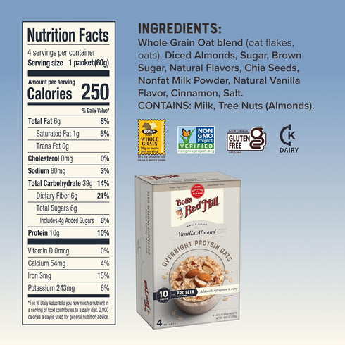 16 Packets (4 Boxes/4 Packets Bob's Red Mill Overnight Protein Oat, Vanilla Almond, Total per Box), Non-GMO, Gluten