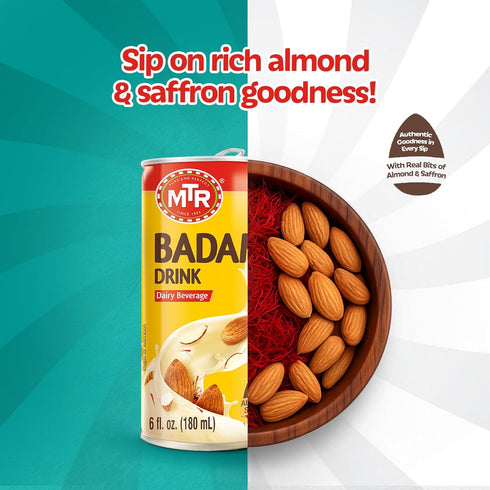Pack 12 MTR Badam Drink, Ready-to-Drink - Authentic Indian Almond Milk Beverage, Real Bits of Almond & Saffron, No