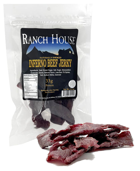 Ranch House Pack 3 3.3 oz Beef Jerky Inferno of - Spicy Jerky, Whole-Muscle Montana Beef Strips, High Protein Snack