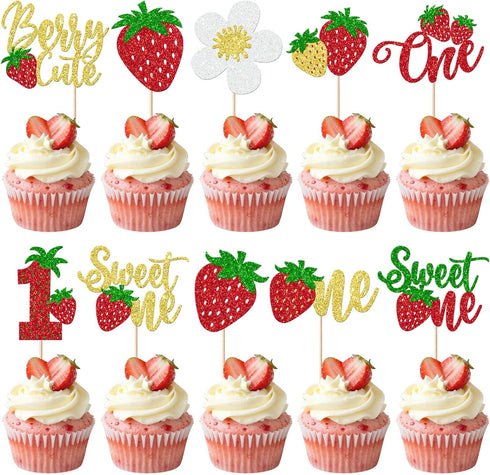 Rsstarxi 30 Pack Sweet One Cupcake Toppers Berry First Birthday Decorations Glitter Strawberry