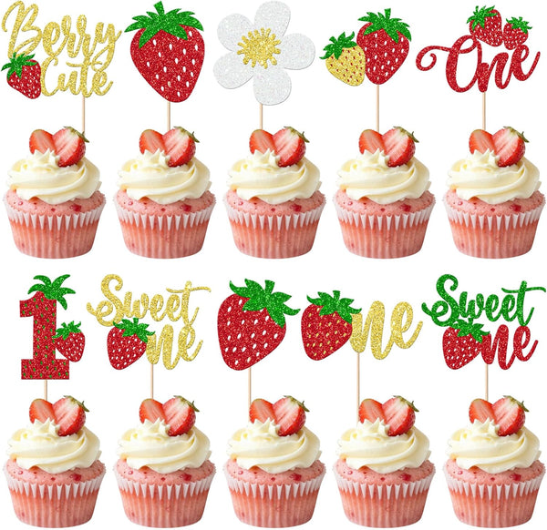 Rsstarxi 30 Pack Sweet One Cupcake Toppers Berry First Birthday Decorations Glitter Strawberry