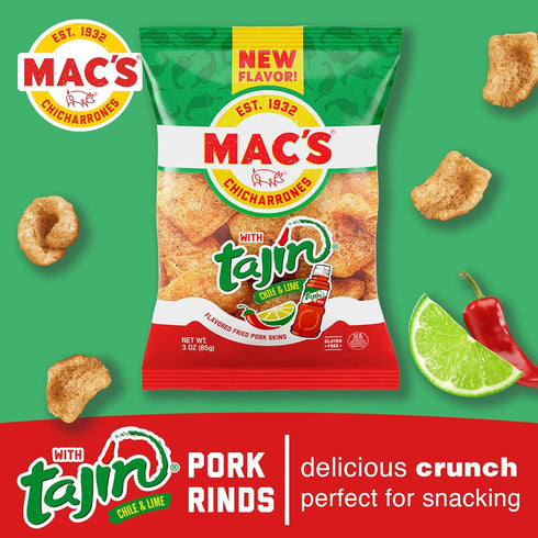 3oz (12-Pack) Mac's Tajin Chili Lime Fried Pork Skins - Tajin Chili Lime Flavored Chicharrones Pork Rinds - Low Carb