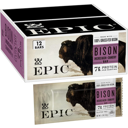 EPIC Bison Uncured Bacon and Cranberry Bars, Grass-Fed, Protein Bar, 12 Ct,