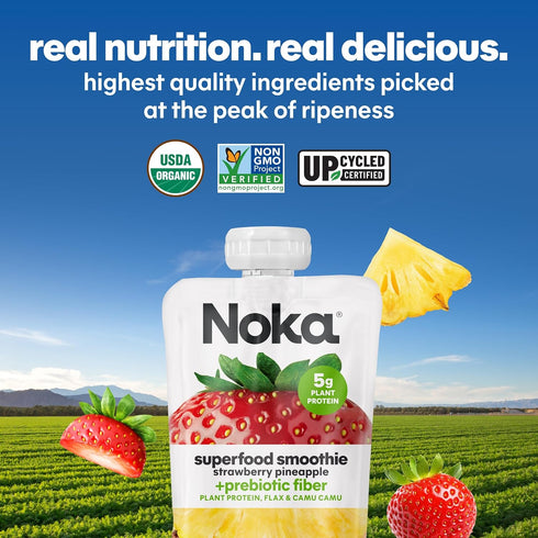 Pack, 4.22 oz, 6 Count Noka Superfood Fruit Smoothie Pouches Variety Healthy Snacks with Flax Seed, Plant Protein