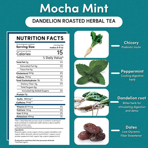 10 3x (Pack 4) Teeccino Dandelion Mocha Mint Tea - Tea Bags - Caffeine Free, Roasted Herbal Tea with Prebiotics, More