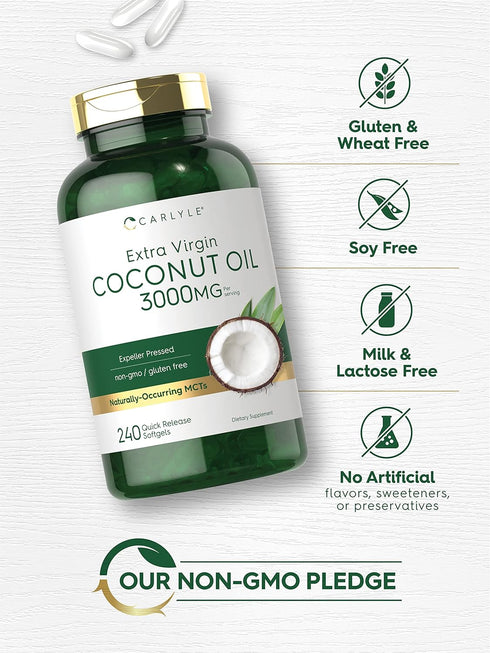 3000mg 240 Count Carlyle Coconut Oil Extra Virgin Softgel Capsules | | | Naturally Occurring MCTs | Non-GMO and Gluten