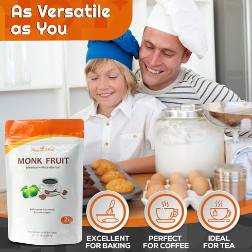 (2x 16 oz (Pack 3) Monk Fruit Zero Calorie Sweetener Sugar Sweet, Original), - Granular Powder Blended with Erythritol
