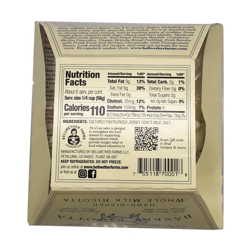 Bellwether Farms 12 OZ Whole Milk Ricotta Basket