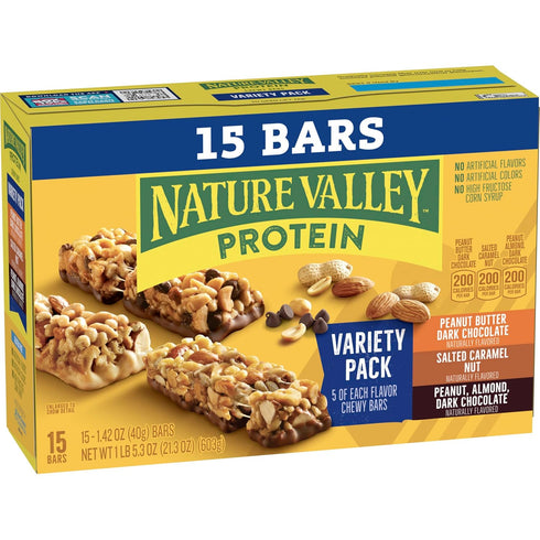 Pack, 10g 15 Count, 21.3 oz Nature Valley Protein Bars Variety Gluten Free Chewy Granola Snack Bars, Protein, Peanut