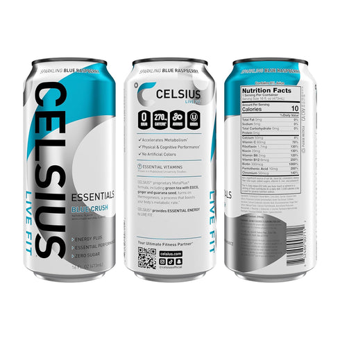 16 Oz (Pack 12) CELSIUS ESSENTIALS Sparkling Blue Crush, Sugar Free Performance Energy Drink, Fl