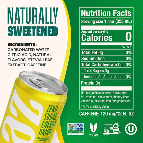 12 oz (12-Pack) Zevia Zero Sugar Energy Drink, Pineapple Paradise, Cans Naturally Sweetened, Non-GMO Project Verified