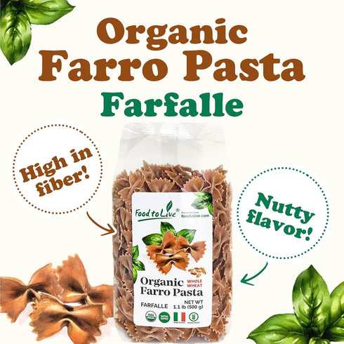 1.1 lb (Pack 4) Food to Live - Organic Farro Farfalle Pasta, of - Italian Whole Wheat and Non-GMO Bow-tie Pasta, Single