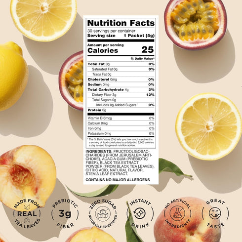 Pack 3 30 Packs Harmony Prebiotic Black Tea Variety - Flavors Peach Lemon Passion Fruit, Iced Tea Drink Mix with Plant