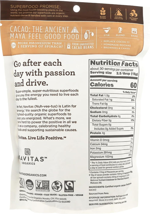 30 1 (Pack 1), 16 Navitas Organics Cacao Powder, Bags, Servings, Pound of Ounce