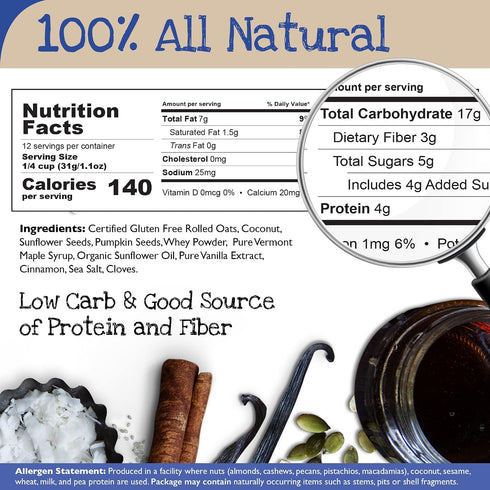 12 oz. (Pack 2) True North Granola Gluten Free Maple Vanilla Granola, Low Carb, Nut Free and Non-GMO