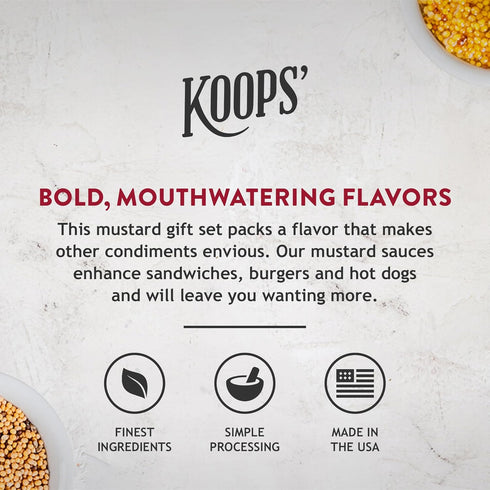 Pack 12 Oz, Pack 4 Koops' Sweet & Heat Mustard Variety Jalapeno, Arizona Heat, Horseradish, & Honey Dijon Gluten-Free