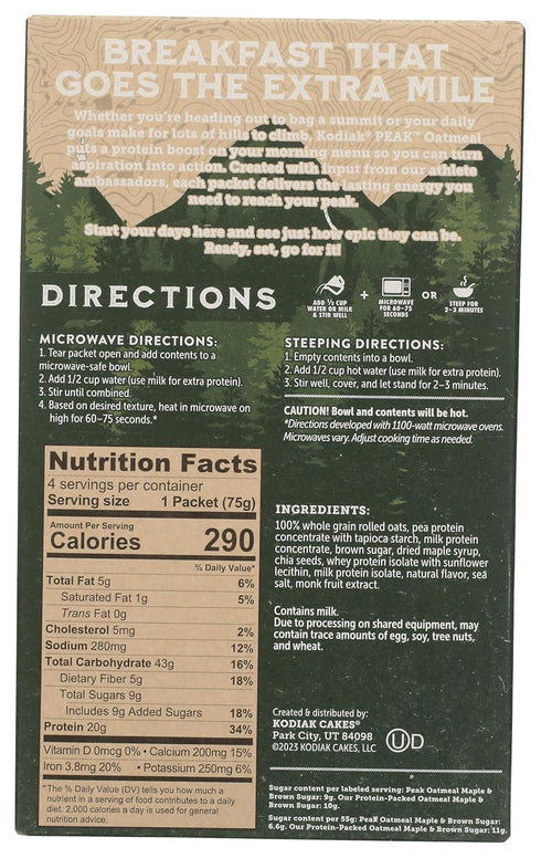 Packets, 100% 1 4 packets Kodiak Peak Instant Oatmeal Maple Brown Sugar, High Protein, Whole Grains, box